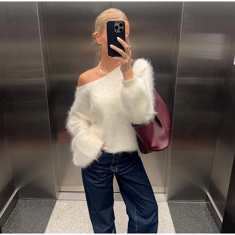 Mohair Knitted Loose Sweaters Women Slash Neck Long Sleeve Pink Solid Pullover Female Casual 2025 Autumn Street Chic Jumper Tops