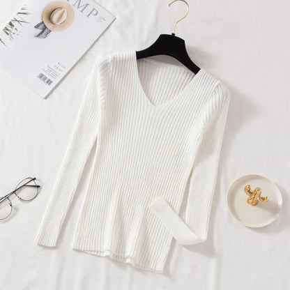 2025 Casual Long Sleeve Knitted V Neck Pullover Autumn Winter Women Sweaters Femme Basic Solid Jersey Tops Fashion Clothes