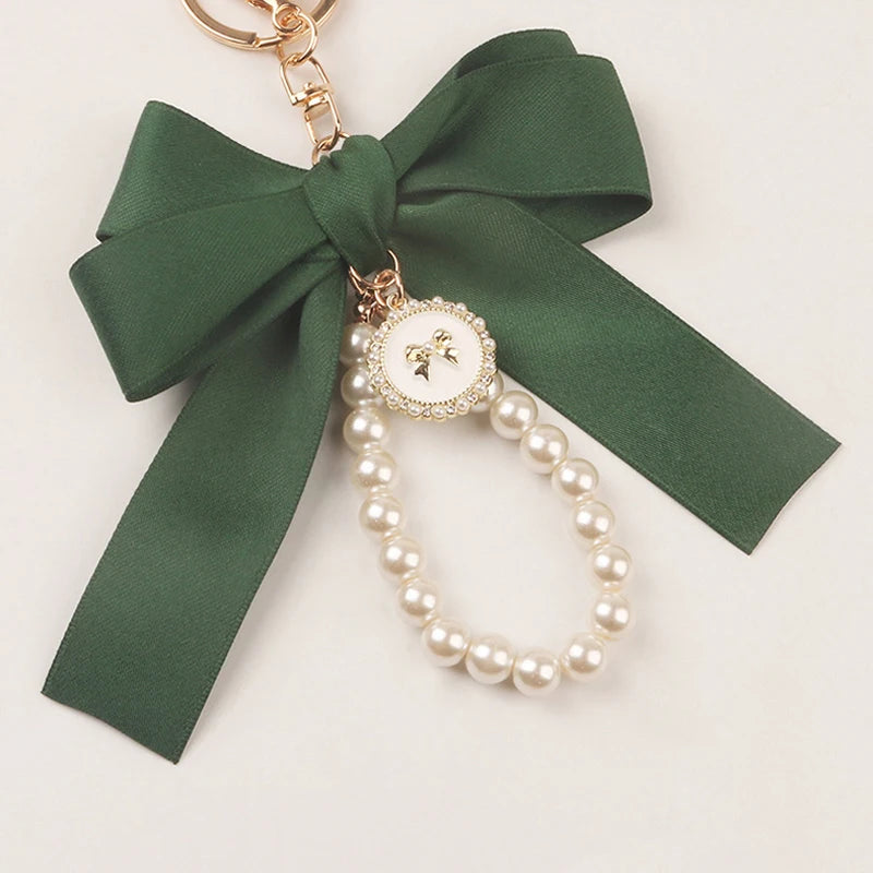 Fashion Large Bowknot Ribbon Pearl Key Chain Women's Multi-color DIY Key Pendant Hanging Ornament Sweet Bag Accessories