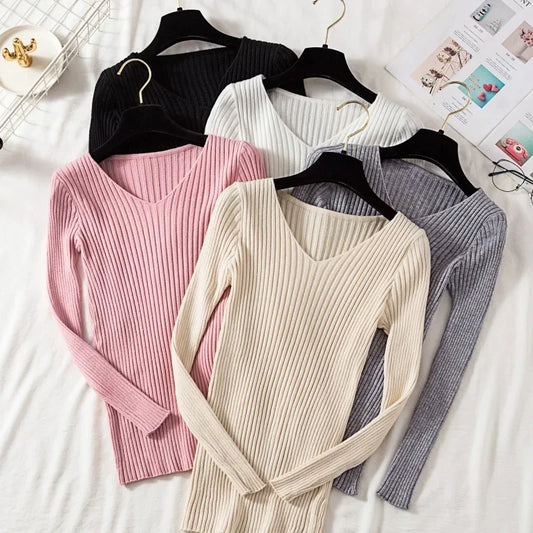 2025 Casual Long Sleeve Knitted V Neck Pullover Autumn Winter Women Sweaters Femme Basic Solid Jersey Tops Fashion Clothes