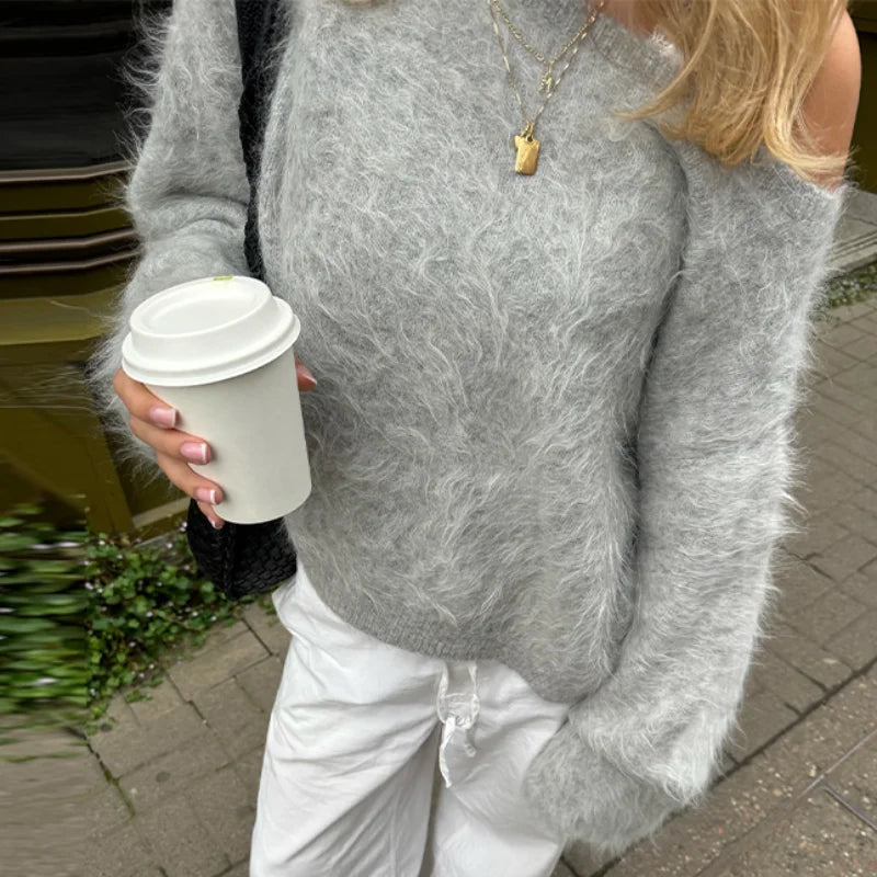 Mohair Knitted Loose Sweaters Women Slash Neck Long Sleeve Pink Solid Pullover Female Casual 2025 Autumn Street Chic Jumper Tops