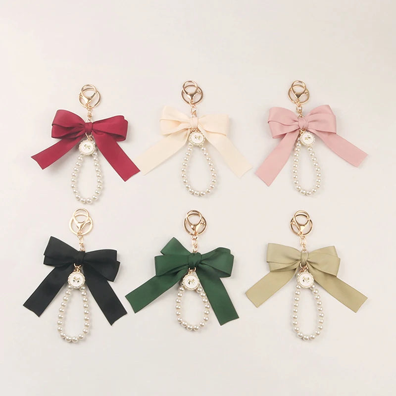 Fashion Large Bowknot Ribbon Pearl Key Chain Women's Multi-color DIY Key Pendant Hanging Ornament Sweet Bag Accessories