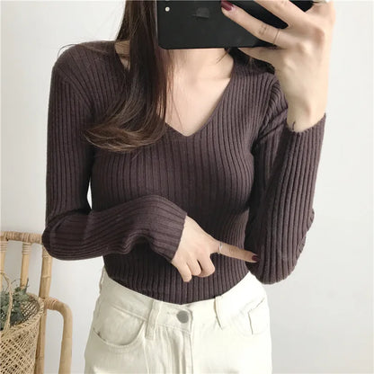 2025 Casual Long Sleeve Knitted V Neck Pullover Autumn Winter Women Sweaters Femme Basic Solid Jersey Tops Fashion Clothes