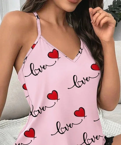 Women's Casual Pajamas Set Summer Sleepwear V-Neck Sleeveless Heart Print Cami and Shorts Set Loungewear Homewear Suits