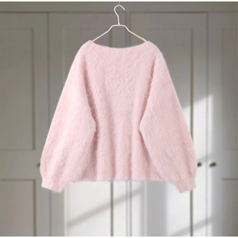 Mohair Knitted Loose Sweaters Women Slash Neck Long Sleeve Pink Solid Pullover Female Casual 2025 Autumn Street Chic Jumper Tops