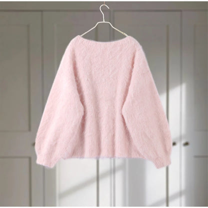 Mohair Knitted Loose Sweaters Women Slash Neck Long Sleeve Pink Solid Pullover Female Casual 2025 Autumn Street Chic Jumper Tops
