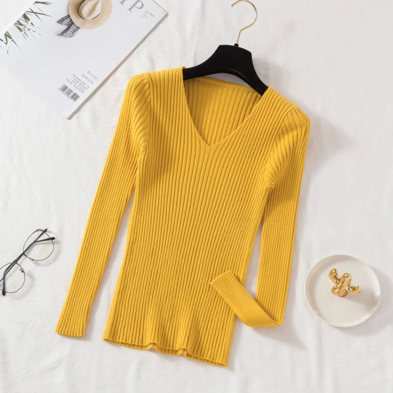 2025 Casual Long Sleeve Knitted V Neck Pullover Autumn Winter Women Sweaters Femme Basic Solid Jersey Tops Fashion Clothes