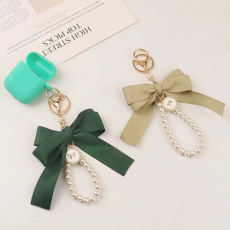 Fashion Large Bowknot Ribbon Pearl Key Chain Women's Multi-color DIY Key Pendant Hanging Ornament Sweet Bag Accessories