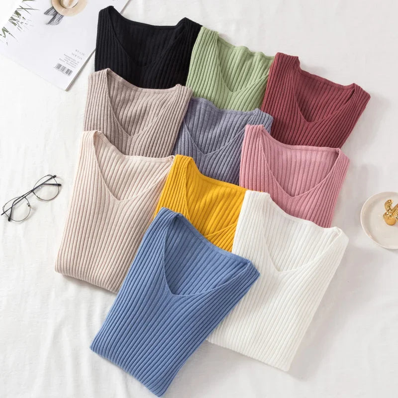 2025 Casual Long Sleeve Knitted V Neck Pullover Autumn Winter Women Sweaters Femme Basic Solid Jersey Tops Fashion Clothes