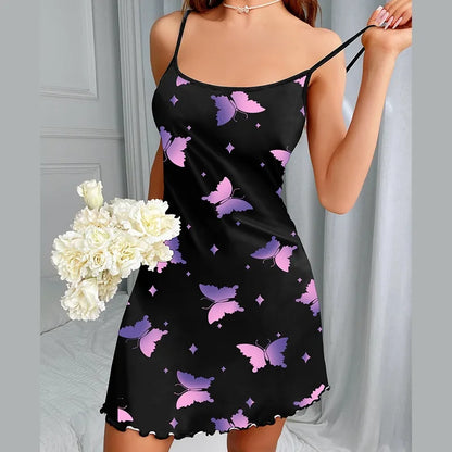 Summer New Women's Nightgown Beauty Back Thin Section Of Home Wear Sexy Halter Short Skirt Love Cartoon Cute Printing Pajamas