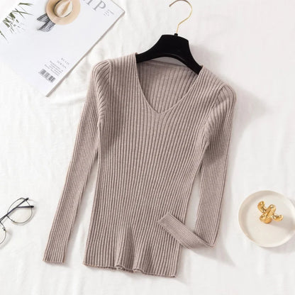 2025 Casual Long Sleeve Knitted V Neck Pullover Autumn Winter Women Sweaters Femme Basic Solid Jersey Tops Fashion Clothes