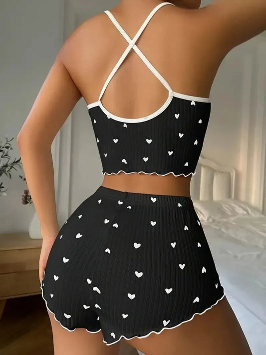Summer Heart Print Silk Stain Sleepwear Women Pajamas Set V-Neck Sleeveless Casual Cami Top and Shorts Sets Loungewear