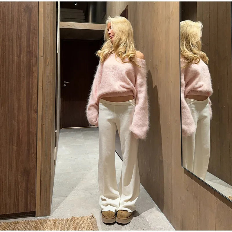Mohair Knitted Loose Sweaters Women Slash Neck Long Sleeve Pink Solid Pullover Female Casual 2025 Autumn Street Chic Jumper Tops