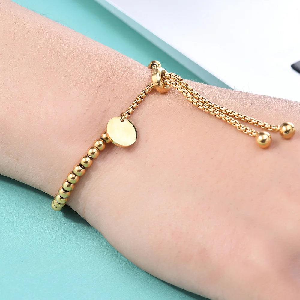 316L Stainless Small Ball Beads Pull Out Bracelet for Women Simple Fashion Circular Tag Bracelet Daily Party Jewelry