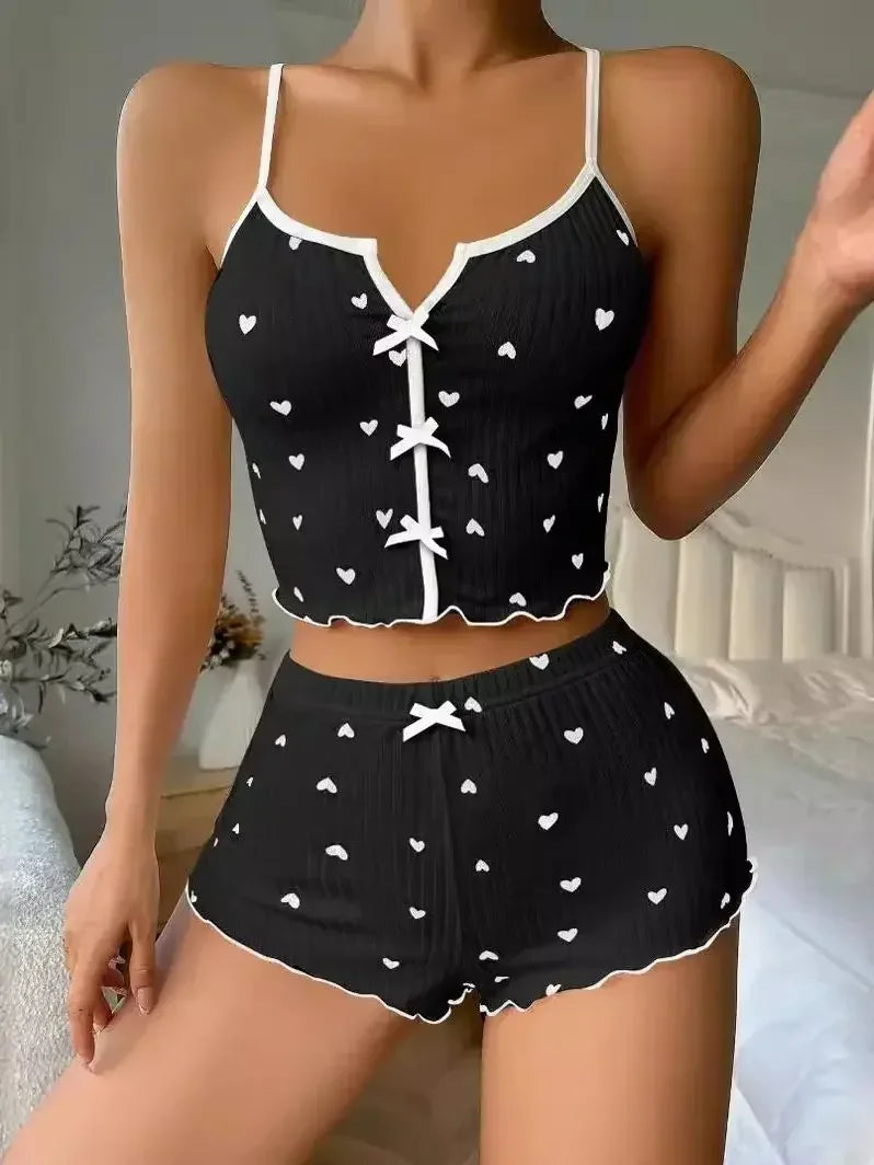Summer Heart Print Silk Stain Sleepwear Women Pajamas Set V-Neck Sleeveless Casual Cami Top and Shorts Sets Loungewear
