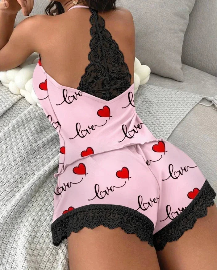 Women's Casual Pajamas Set Summer Sleepwear V-Neck Sleeveless Heart Print Cami and Shorts Set Loungewear Homewear Suits