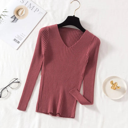 2025 Casual Long Sleeve Knitted V Neck Pullover Autumn Winter Women Sweaters Femme Basic Solid Jersey Tops Fashion Clothes