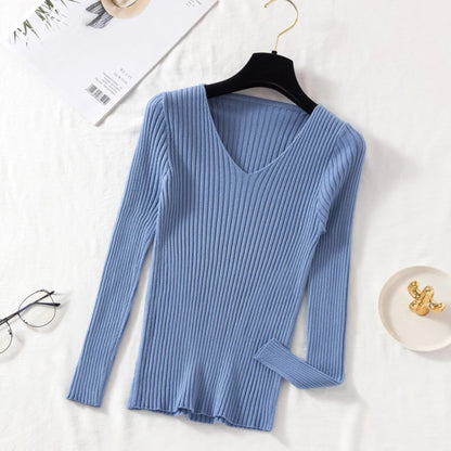 2025 Casual Long Sleeve Knitted V Neck Pullover Autumn Winter Women Sweaters Femme Basic Solid Jersey Tops Fashion Clothes