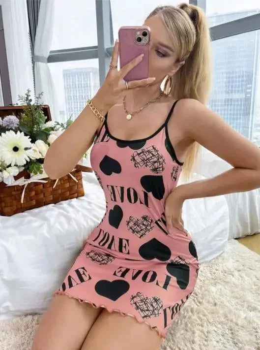Summer New Women's Nightgown Beauty Back Thin Section Of Home Wear Sexy Halter Short Skirt Love Cartoon Cute Printing Pajamas