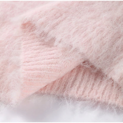 Mohair Knitted Loose Sweaters Women Slash Neck Long Sleeve Pink Solid Pullover Female Casual 2025 Autumn Street Chic Jumper Tops