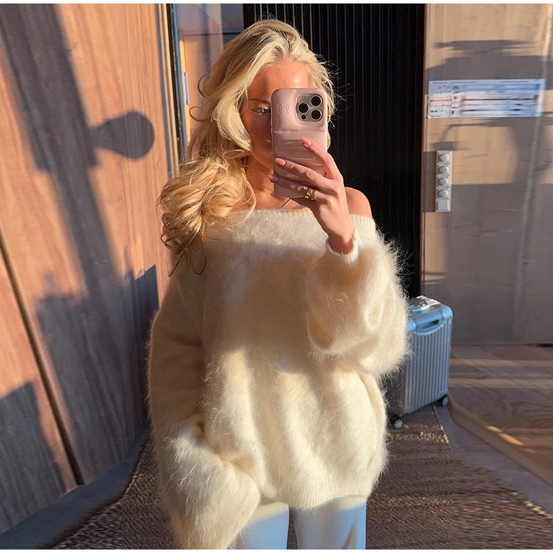 Mohair Knitted Loose Sweaters Women Slash Neck Long Sleeve Pink Solid Pullover Female Casual 2025 Autumn Street Chic Jumper Tops