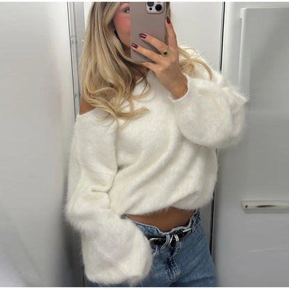 Mohair Knitted Loose Sweaters Women Slash Neck Long Sleeve Pink Solid Pullover Female Casual 2025 Autumn Street Chic Jumper Tops