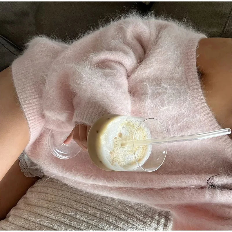 Mohair Knitted Loose Sweaters Women Slash Neck Long Sleeve Pink Solid Pullover Female Casual 2025 Autumn Street Chic Jumper Tops
