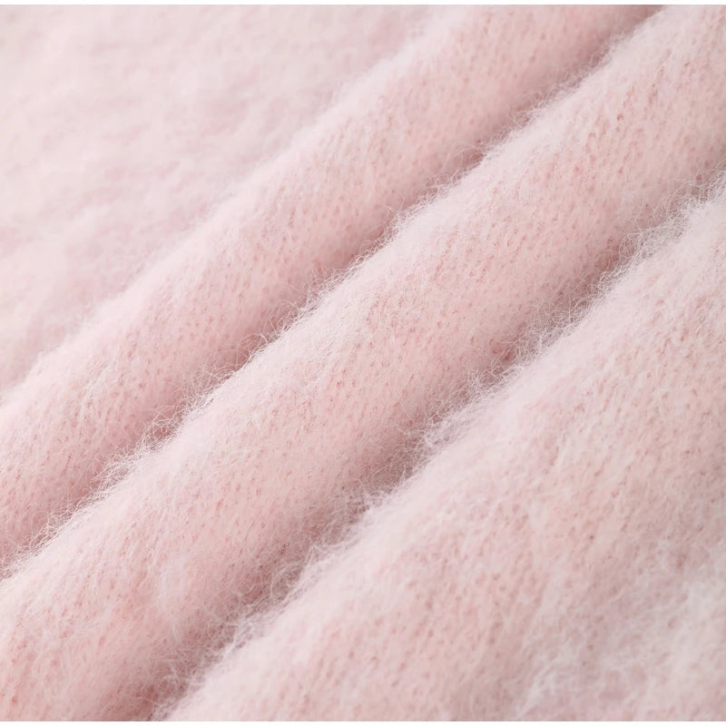Mohair Knitted Loose Sweaters Women Slash Neck Long Sleeve Pink Solid Pullover Female Casual 2025 Autumn Street Chic Jumper Tops
