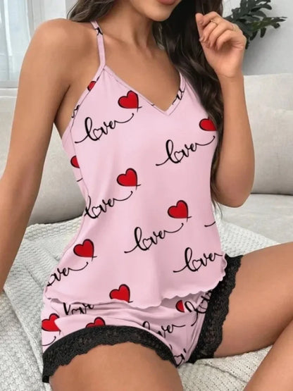 Women's Casual Pajamas Set Summer Sleepwear V-Neck Sleeveless Heart Print Cami and Shorts Set Loungewear Homewear Suits