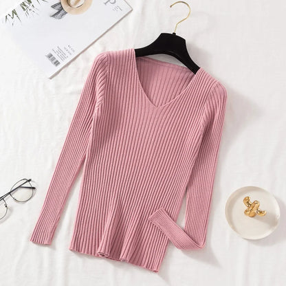 2025 Casual Long Sleeve Knitted V Neck Pullover Autumn Winter Women Sweaters Femme Basic Solid Jersey Tops Fashion Clothes