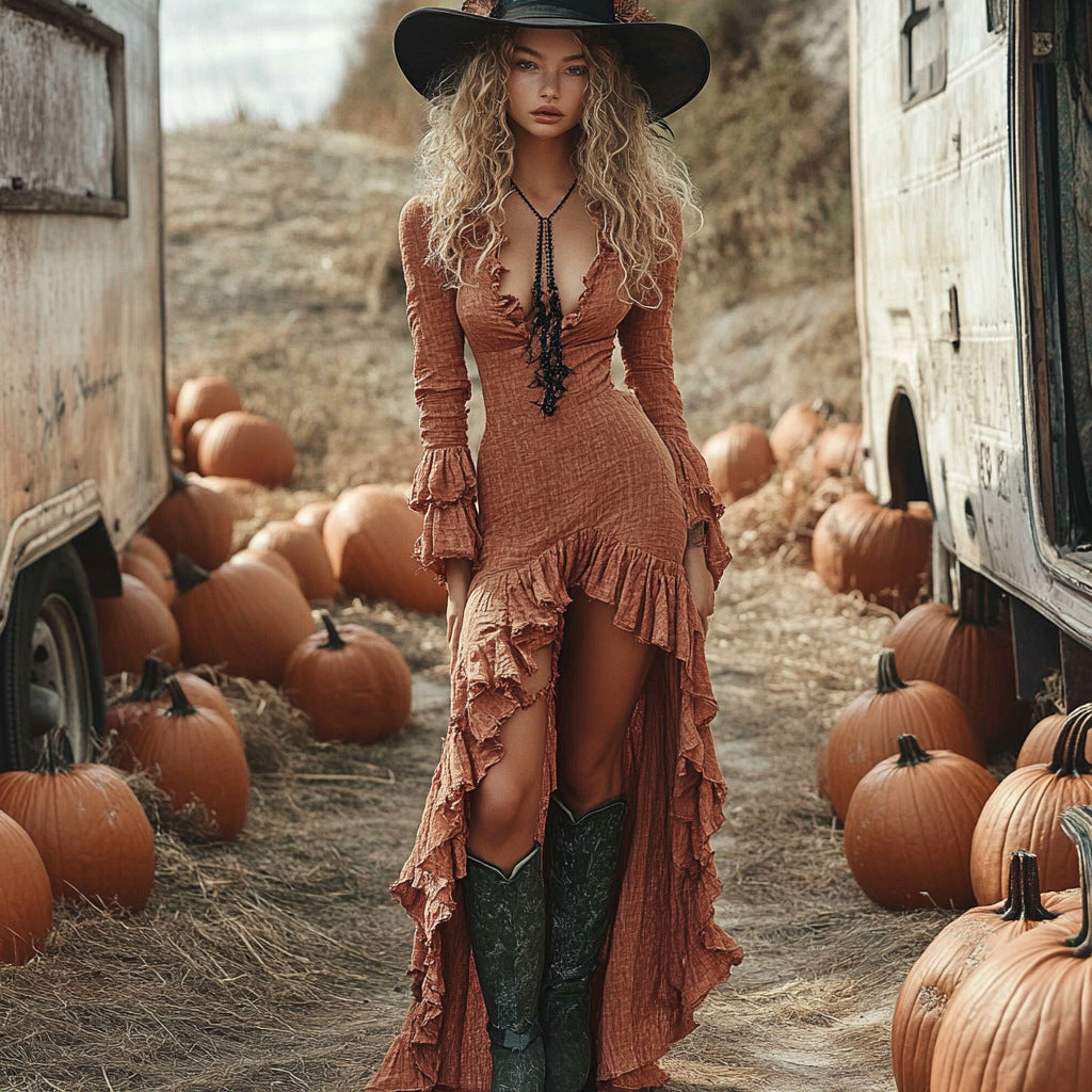 Women's Solid Color Deep V-Neck Long Sleeve Dress With Ruffled Hem & Asymmetrical Hemline Spring&Summer Vacation Dress